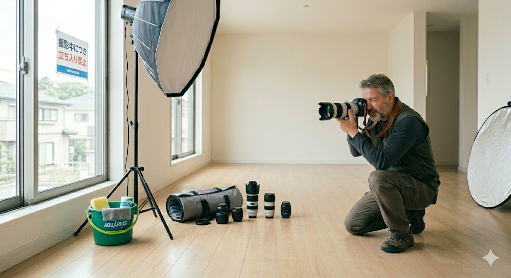 プロ機材で空室の物件写真を撮影するカメラマン