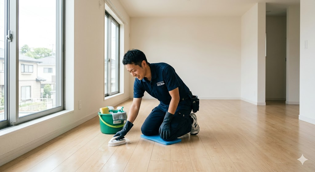 フローリングを丁寧に掃除するハウスクリーニングのプロスタッフ