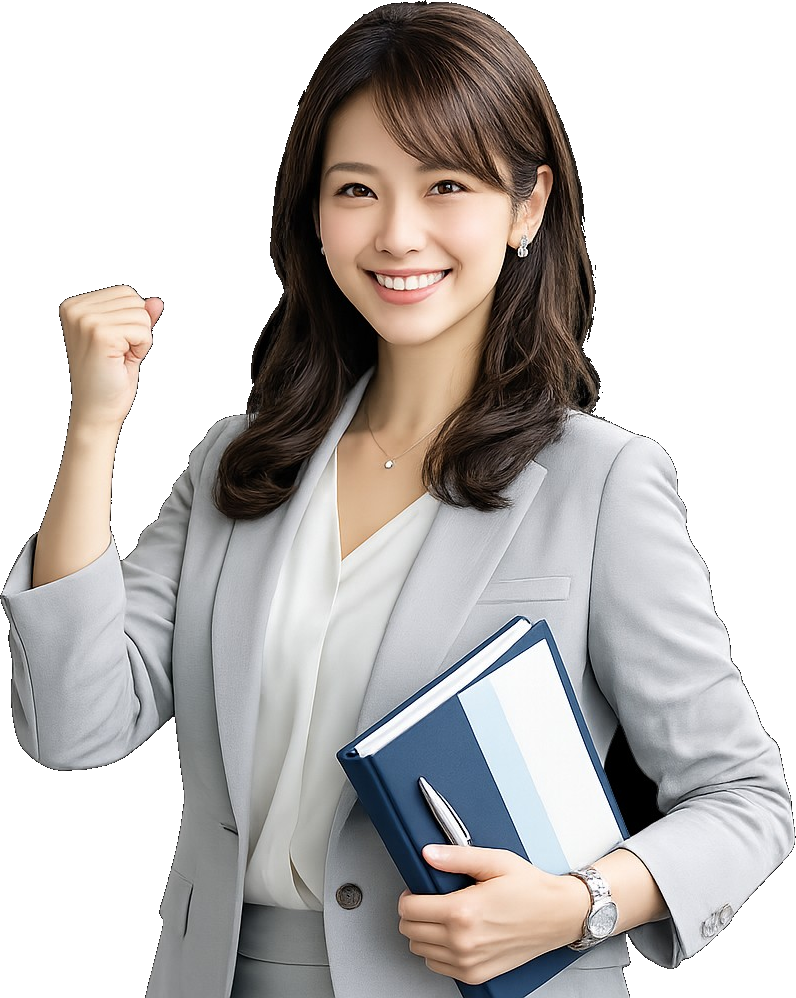笑顔でガッツポーズをするスーツ姿の女性スタッフ